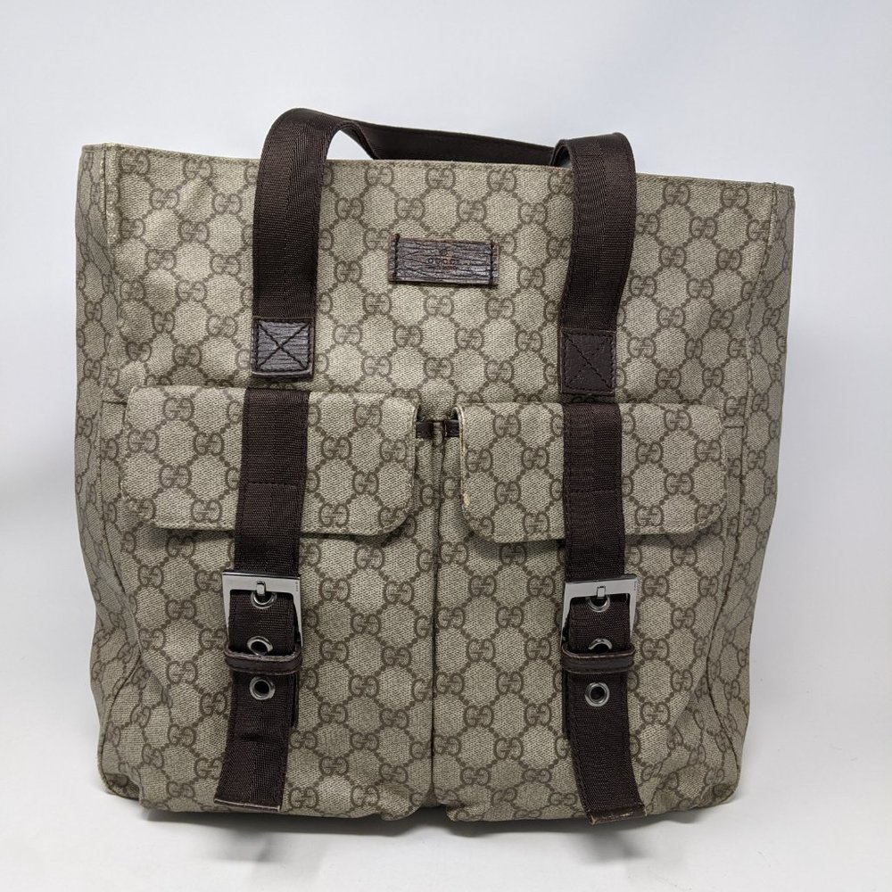 GUCCI PVC Beige & Dark Brown Two Pocket Tote Bag - Picture 2 of 16